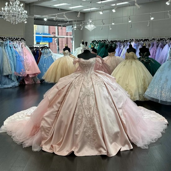 Off Shoulder Pink Quinceanera Dress Beading Vestidos De 15 Anos Sequin Instagram Gowns Lace Appliques Princess Dress With Cathedral Train