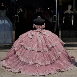 Off Shoulder Pink Quinceanera Dress Tiered Vestidos De 15 Anos Sequin Instagram Gowns Lace Appliques Princess Dress With Bow