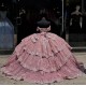 Off Shoulder Pink Quinceanera Dress Tiered Vestidos De 15 Anos Sequin Instagram Gowns Lace Appliques Princess Dress With Bow