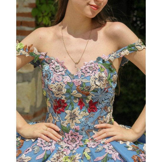 Off Shoulder Quinceanera Dress Sky Blue Sweet 15 Gowns Sweetheart Neck Sequin Vestidos De 15 Anos With 3D Flowers