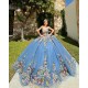 Off Shoulder Quinceanera Dress Sky Blue Sweet 15 Gowns Sweetheart Neck Sequin Vestidos De 15 Anos With 3D Flowers