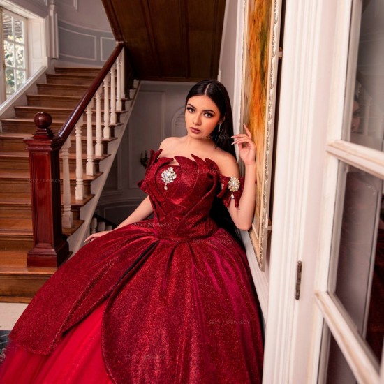 Off Shoulder Red Quinceanera Dress Ball Gown Sequins Corset Sweet 16 Vestido De 15 Anos