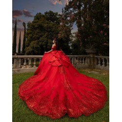 Off Shoulder Red Quinceanera Dress Sequin Vestidos De 15 Anos Square Collar Sweet 15 Gowns With Bow