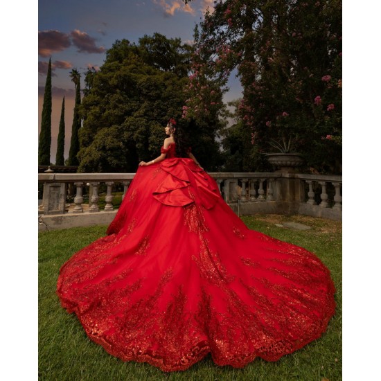 Off Shoulder Red Quinceanera Dress Sequin Vestidos De 15 Anos Square Collar Sweet 15 Gowns With Bow