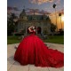 Off Shoulder Red Quinceanera Dress Sequin Vestidos De 15 Anos Square Collar Sweet 15 Gowns With Bow