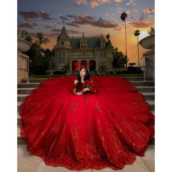 Off Shoulder Red Quinceanera Dress Sequin Vestidos De 15 Anos Square Collar Sweet 15 Gowns With Bow