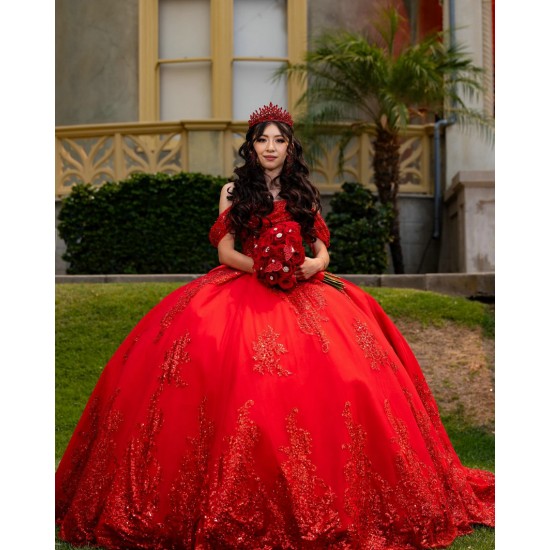 Off Shoulder Red Quinceanera Dress Sequin Vestidos De 15 Anos Square Collar Sweet 15 Gowns With Bow