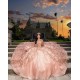 Off Shoulder Rose Gold Quince Dress Sweetheart Neck Vestidos De 15 Anos Sequin Birthday Party Dress With 3D Flowers