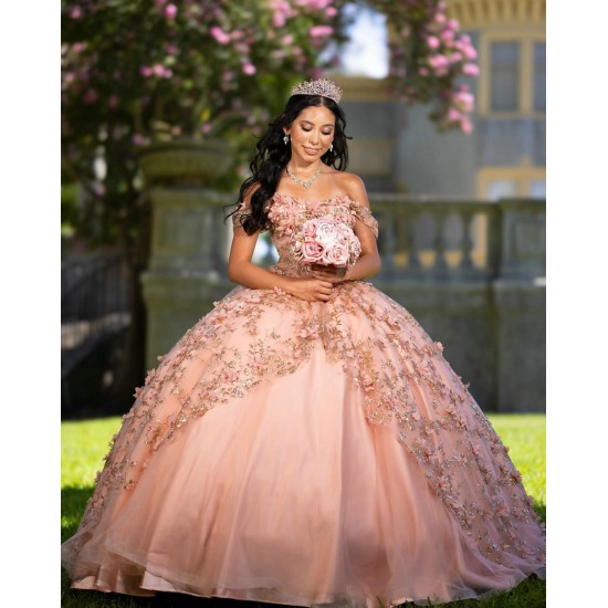 Off Shoulder Rose Gold Quince Dress Sweetheart Neck Vestidos De 15 Anos Sequin Birthday Party Dress With 3D Flowers