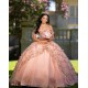 Off Shoulder Rose Gold Quince Dress Sweetheart Neck Vestidos De 15 Anos Sequin Birthday Party Dress With 3D Flowers