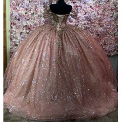 Off Shoulder Rose Gold Quinceanera Dress for Women Sweetheart Neck Crystal Evening Party Gown Sweet 15 Gown