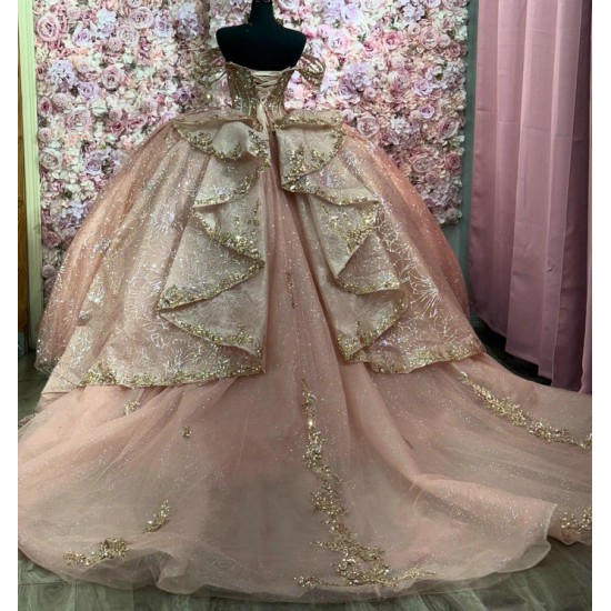 Off Shoulder Rose Gold Quinceanera Dress for Women Sweetheart Neck Crystal Evening Party Gown Sweet 15 Gown