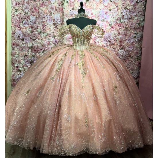 Off Shoulder Rose Gold Quinceanera Dress for Women Sweetheart Neck Crystal Evening Party Gown Sweet 15 Gown