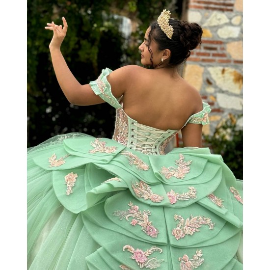 Off Shoulder Sage Green Ballgown Floral Appliques Quinceanera Dress 2024 Vestidos De 15 Anos