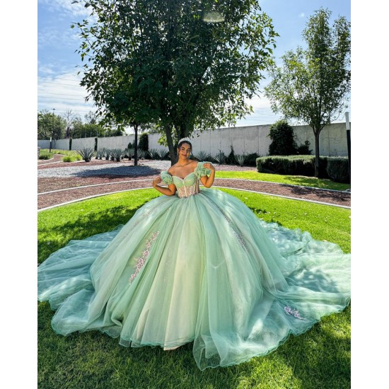 Off Shoulder Sage Green Quinceanera Dress 2024 Sweetheart Neck Prom Dresses Vestidos De 16 Party Gowns