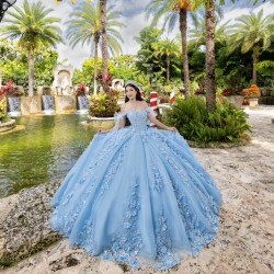 Off Shoulder Sky Blue Quinceanera Dress Birthday Party Gowns 3D Flowers Vestidos De 15 Anos With Bow