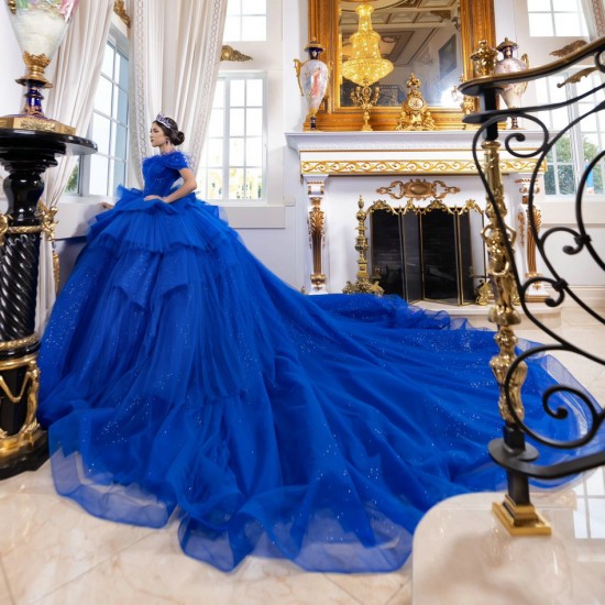 Off Shoulder Tiered Blue Quinceanera Dress Birthday Party Gowns Sequin Sweetheart Neck Vestidos De 15 Anos