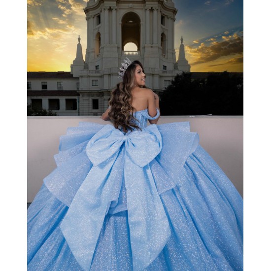 Pearl Sequin Blue Quinceanera Dress Off Shoulder Girl Women Dress Sweetheart Neck Vestidos De 15 Anos With Bow