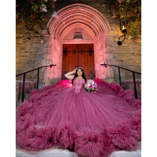 Plus Size Fuchsia Quince Dress V Neck Ruffled Vestidos De 15 Anos Sequin Sleeveless Birthday Party Dress