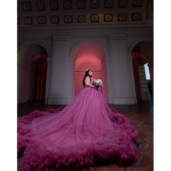 Plus Size Fuchsia Quince Dress V Neck Ruffled Vestidos De 15 Anos Sequin Sleeveless Birthday Party Dress