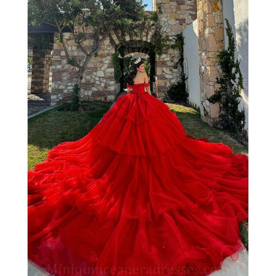 Red Quinceanera Dresses Sweetheart Neck Off Shoulder 2024 Ball Gown Princess Dress Tiered Vestidos De 15 Anos