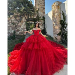 Red Quinceanera Dresses Sweetheart Neck Off Shoulder 2024 Ball Gown Princess Dress Tiered Vestidos De 15 Anos