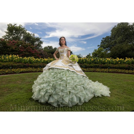 Ruffled Green On White Quinceanera Dress Lace Appliques Sweet 15 Gowns Off Shoulder 2024 Instagram Gowns Vestidos De 15 Anos