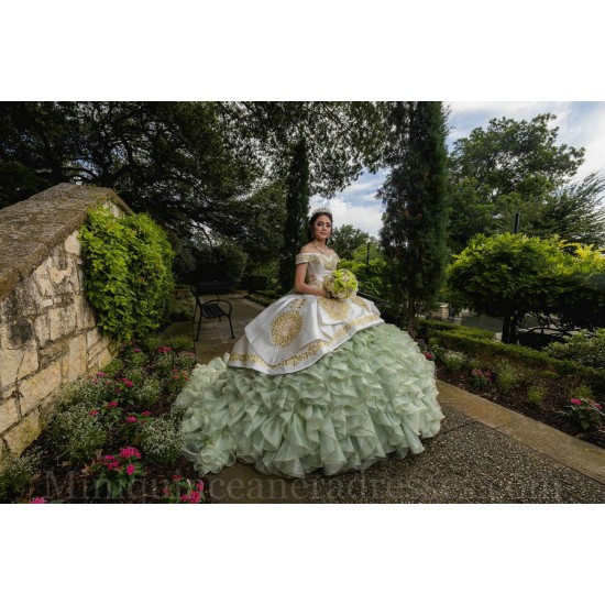 Ruffled Green On White Quinceanera Dress Lace Appliques Sweet 15 Gowns Off Shoulder 2024 Instagram Gowns Vestidos De 15 Anos