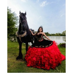 Ruffled Red On Black Quince Dresses Sleeveless Birthday Party Dress Lace Appliques Vestidos De 15 Anos Sweetheart Neck 2024 Instagram Gowns