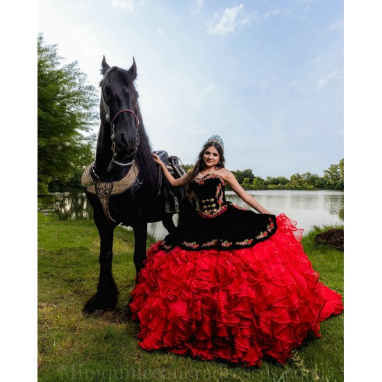 Ruffled Red On Black Quince Dresses Sleeveless Birthday Party Dress Lace Appliques Vestidos De 15 Anos Sweetheart Neck 2024 Instagram Gowns