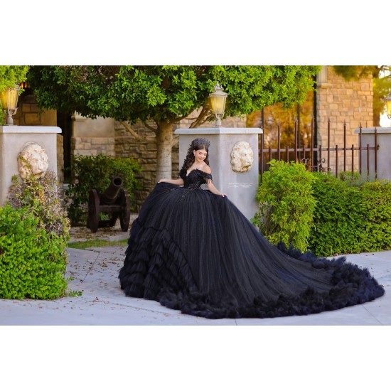 Ruffled Quinceanera Dress Sweetheart Neck Black Vestidos De 15 Anos Off Shoulder Crystal Sweet 15 Gowns