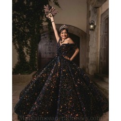 Sequin Black Quince Dress Off Shoulder Vestidos De 15 Anos Sweetheart Neck Instagram Gowns Birthday Party Dress