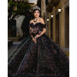 Sequin Black Quince Dress Off Shoulder Vestidos De 15 Anos Sweetheart Neck Instagram Gowns Birthday Party Dress