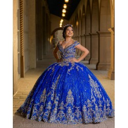 Sequin Blue Quince Dress Off Shoulder Vestidos De 15 Anos Sweetheart Neck Instagram Gowns Lace Appliques Birthday Party Dress