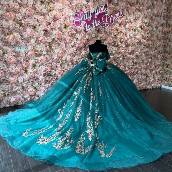 Sequin Emerald Green Quinceanera Dress Off Shoulder Vestidos De 15 Anos Sweetheart Neck Girls Gowns Lace Appliques Princess Dress With Bow