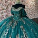 Sequin Emerald Green Quinceanera Dress Off Shoulder Vestidos De 15 Anos Sweetheart Neck Girls Gowns Lace Appliques Princess Dress With Bow