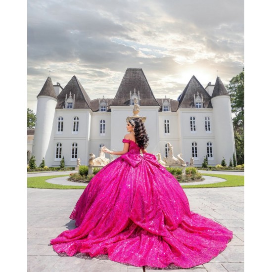 Sequin Off Shoulder Fuchsia Quince Dress Sweetheart Neck Vestidos De 15 Anos With Bow