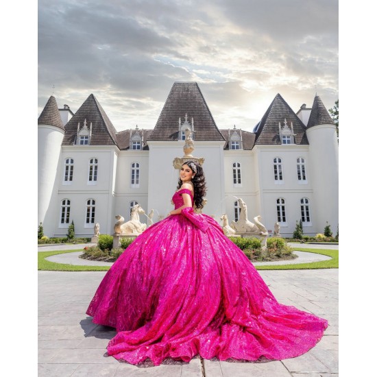 Sequin Off Shoulder Fuchsia Quince Dress Sweetheart Neck Vestidos De 15 Anos With Bow