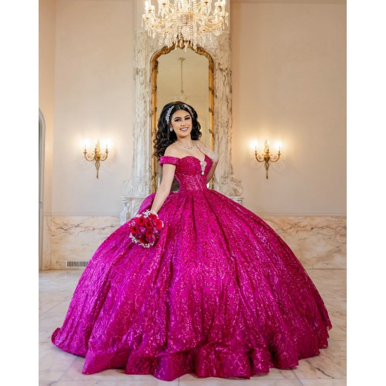 Sequin Off Shoulder Fuchsia Quince Dress Sweetheart Neck Vestidos De 15 Anos With Bow