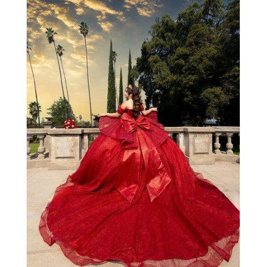 Sequin Red Quinceanera Dress Off Shoulder Girl Women Dress Sweetheart Neck Vestidos De 15 Anos With Bow