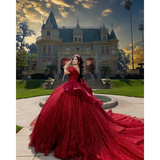 Sequin Red Quinceanera Dress Off Shoulder Girl Women Dress Sweetheart Neck Vestidos De 15 Anos With Bow