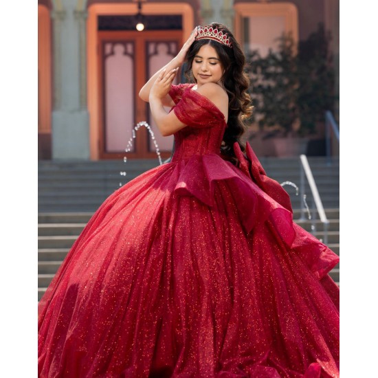 Sequin Red Quinceanera Dress Off Shoulder Girl Women Dress Sweetheart Neck Vestidos De 15 Anos With Bow