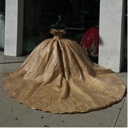 Shiny Gold Quinceanera Dress Ball Gown Lace Applique Mexico Corset Sweet 16 Gown Sequins Vestido De 15 Anos