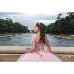 Short Sleeve Instagram Gowns Pink Quince Dress Vestidos De 15 Anos Lace Appliques Sweetheart Neck Birthday Party Dresses