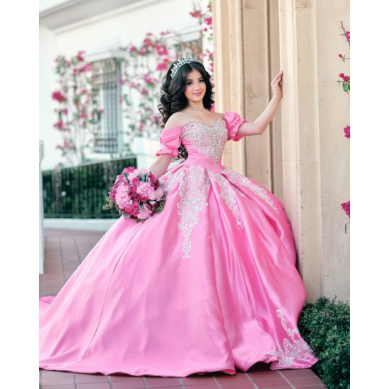 Short Sleeve Pink Quinceanera Dresses Appliques Crystals Beading Sequins Sweet 16 Dresses Ball Gown Customized