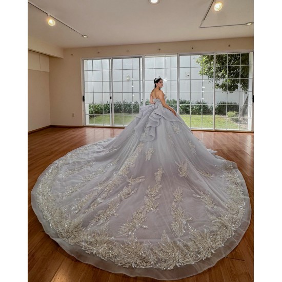 Silver Quinceanera Dress Shiny Crystal Vestidos De 15 Anos With Cape