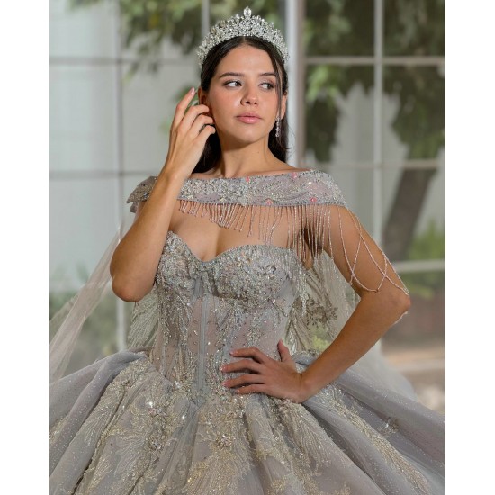 Silver Quinceanera Dress Shiny Crystal Vestidos De 15 Anos With Cape