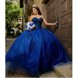 Sleeveless Instagram Gowns Navy Blue Quince Dress Vestidos De 15 Anos Lace Appliques Sweetheart Neck Birthday Party Dresses