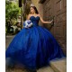 Sleeveless Instagram Gowns Navy Blue Quince Dress Vestidos De 15 Anos Lace Appliques Sweetheart Neck Birthday Party Dresses