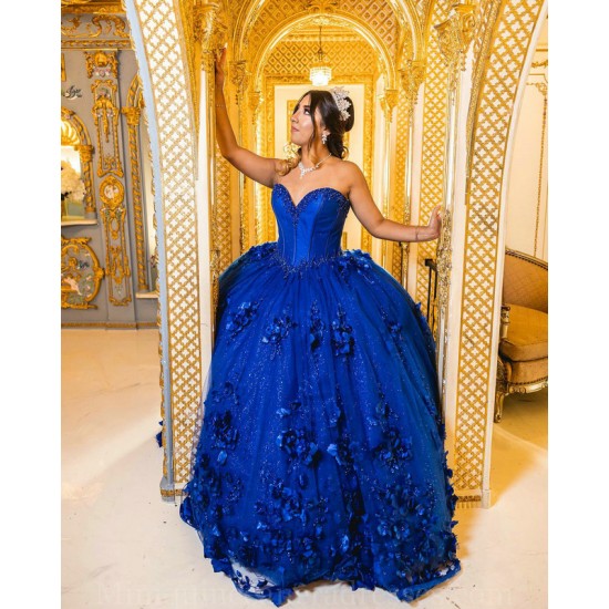 Sleeveless Vestidos De 15 Anos Royal Blue Quince Dress Sweetheart Neck Instagram Gowns 3D Flowers Birthday Party Dress